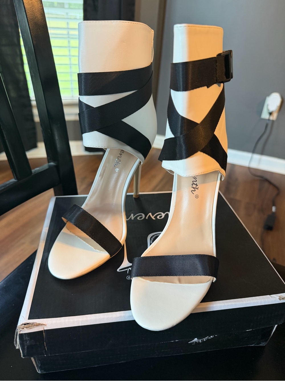 White High Heel Sandals with Black Straps - Women's Dress Heels